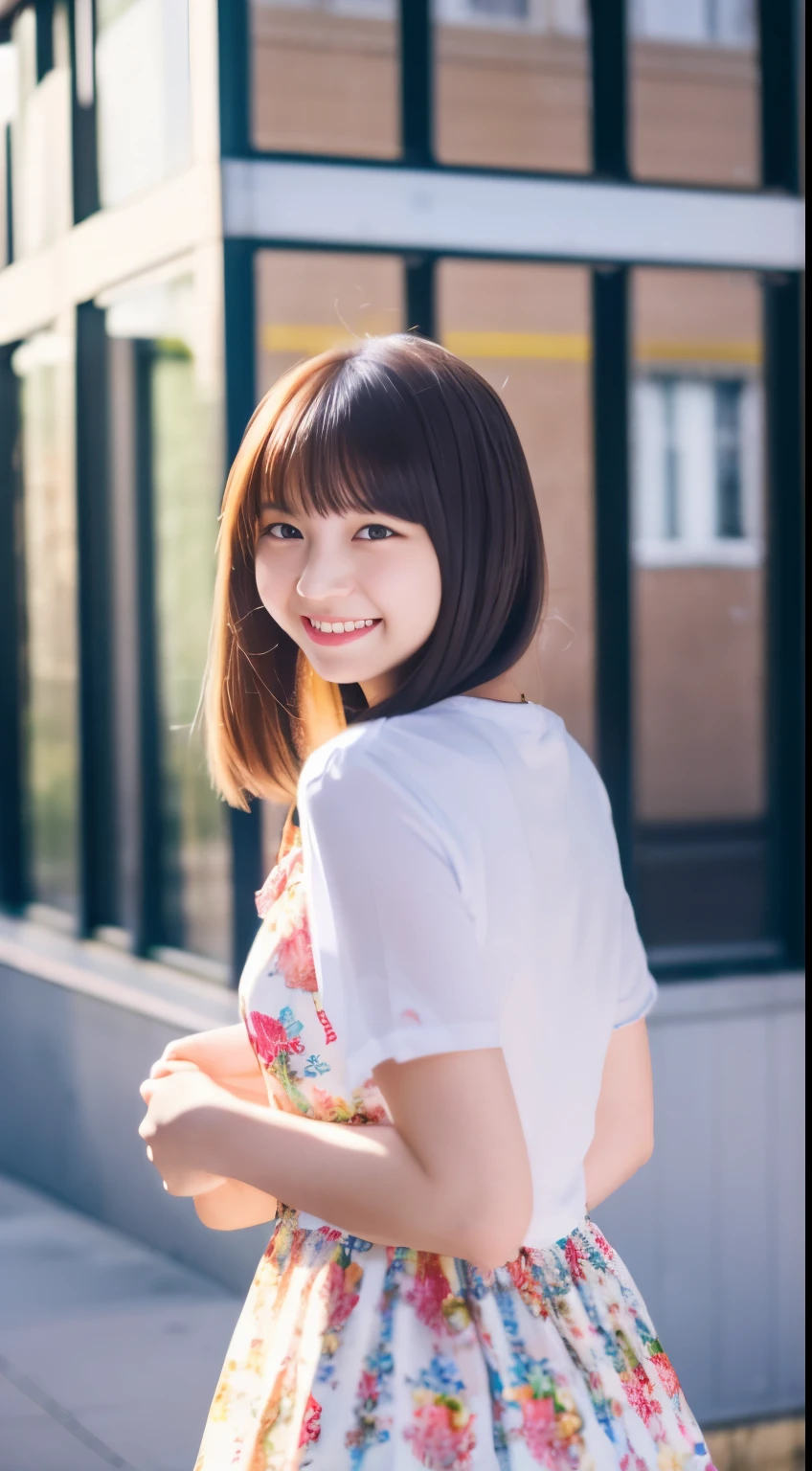 With high quality images,masutepiece, Best Quality,8K resolution,Realistic,, 1 girl, With smiling eyes,Girl wiping glass,Full-body high-definition image,Please use the school building as a background in a colorful dress,全身With high quality images,