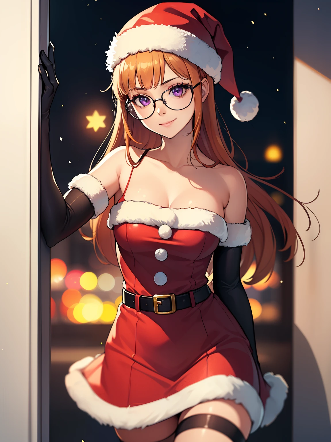1girl, solo, masterpiece, best quality, high res, highly detailed, (illustration), beautiful detailed eyes, futaba sakura, orange hair, long hair, purple eyes, glasses, ,glossy lips, makeup, smile, long white elbow gloves, cowboy shot, (santa), red santa dress, santa hat, strapless dress, white elbow gloves