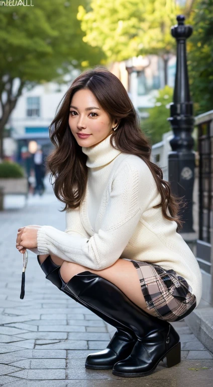 Best Quality, hight resolution, Hires, Skin definition, Detailed skin, Detailed eyes, Detailed face, 4K, 日本人A MILF, ((独奏)), (((50 years old))), (Wrinkles at the corners of the eyes:1.6), (nasolabial folds:1.3), A MILF, glamor, A sexy, Chromo-white skin, ((Wavy Longhair)), Looking at Viewer,(((my skin is old))), ((muscles are old)), (((A slender))), ((Saggy udder)), (Saggy buttocks), ((Japanese Models)), 4K, (photoRealistic:1.5), Realistic, nffsw, Beautiful, Bimbo, Perfect makeup, small diamond necklace, piercings, ((Brown coat, White turtleneck sweater, sleeveless, Argyle pattern pleated skirt, Black long boots )), ssmile, Public places, legs spread legs, Squatting