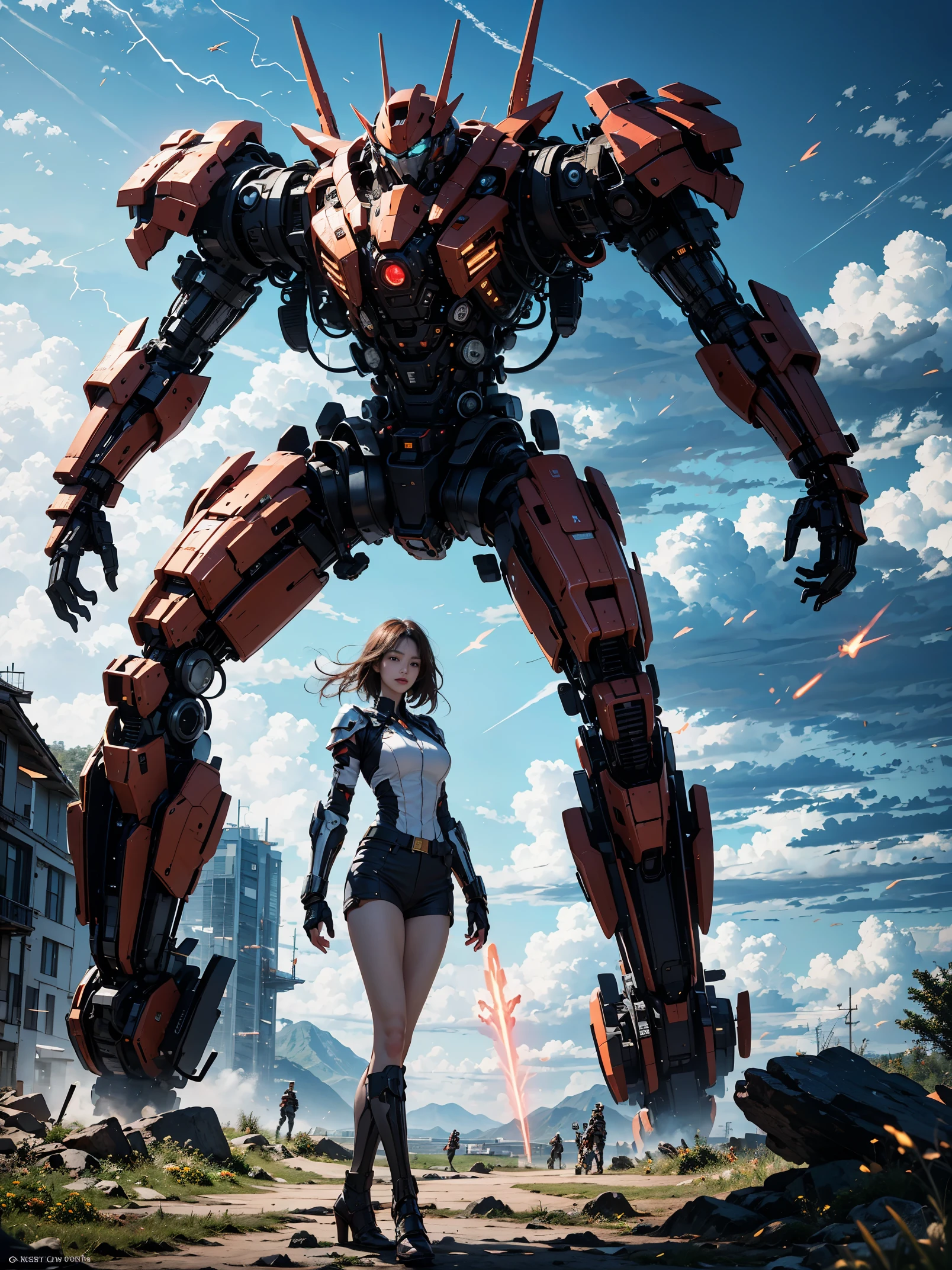 foreal photo uturistic soldier, and Its wing hand huge rocket. and red digital with LED light,and futuristic weapon on it's hand, flying beside the building with heavy shining plated armor in it body, and green lightning,red led light in it body,with the background destroy place and dark cloud,in the crowd soldier, far top side view 4K original quality photo