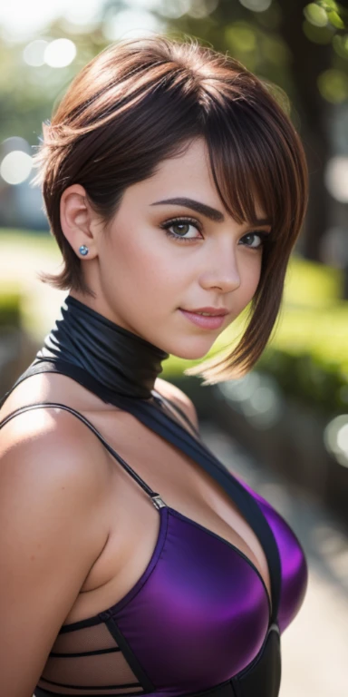 Photo of a 15-year-old European girl, .RAW, beautiful woman, muchas pecas en mejillas y nariz ,hermosos ojos azules(Light brown hair pixie haircut),corte de cabello pixie ((retrato)), ((Cara detallada:1.2)), ((Detailed facial features)), (Piel finamente detallada) , abrigo color lila , botas largas abrigadoras , guantes morados , usando pantimedias moradas sexys ,lindo maquillaje, Purple eyeshadows on eyelids ,Un sexy(cool color), humid, humid, Reflectores, (Masutepiece) (proporciones perfectas)(fotos realistas)(La mejor calidad) (Detallado) fotografiado con una EOS R5 de Canon, Lente de 50 mm, f/2.8, NffSW, (8k) (papel tapiz) (cinematic lighting) (Dramatic lighting) (foco nítido) (Enrevesado) , Cheerfully waving to the camera ,mirada seductora, bosque nevado , atardecer