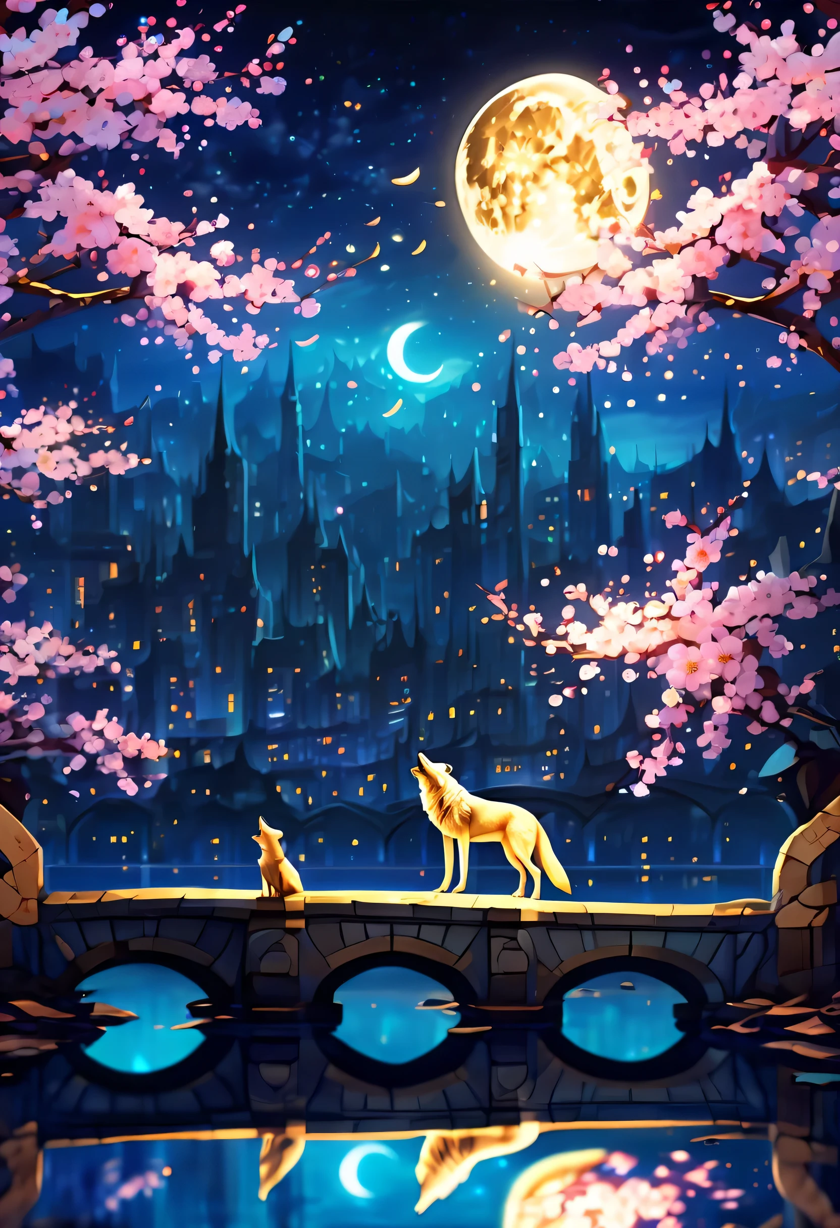 Night view, Dark fantasy cityscape, crescent, Create an epic dark fantasy atmosphere, confuse the light of truth, The brilliance of countless star fragments, justice and stupidity, At a blinking distance, Fragments of the disappeared star are scattered, Light and Darkness, nightmarish wolf, Elegant in any atmosphere, fusion of spring and winter, Cherry blossom snowstorm with freezing movements, golden ratio harmony,