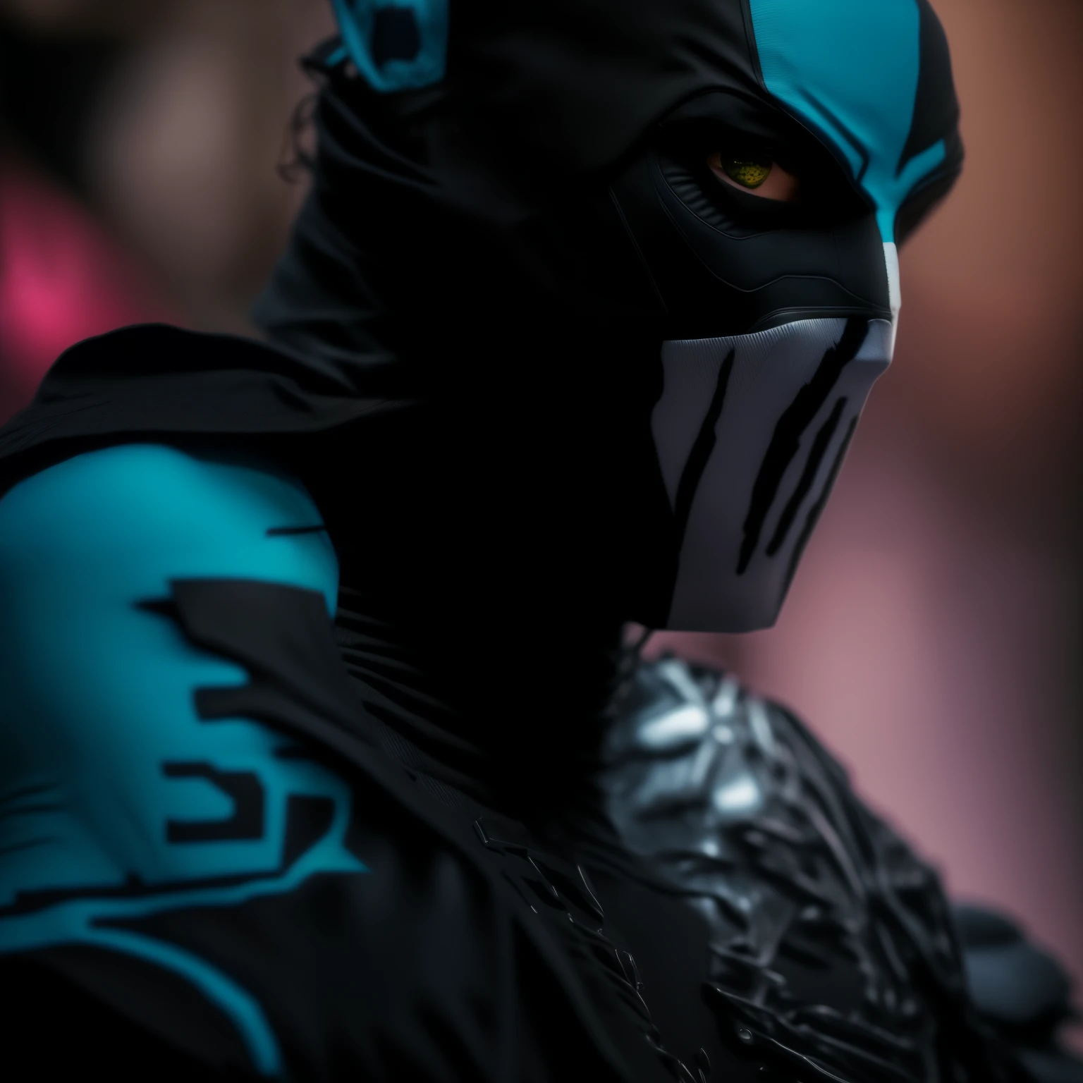 A closeup of a costumed person with a mask, Homem-Aranha como Electro, psiônico, dark supervillain, telecinesia, dren de emenda, simbionte, vodu", Raziel IRL, ciborgue azul, Transmetal II, flecha, banshee, Raio Negro, Electric, Johnny Silverhand, supervillain, Fabry Glenn, transumano