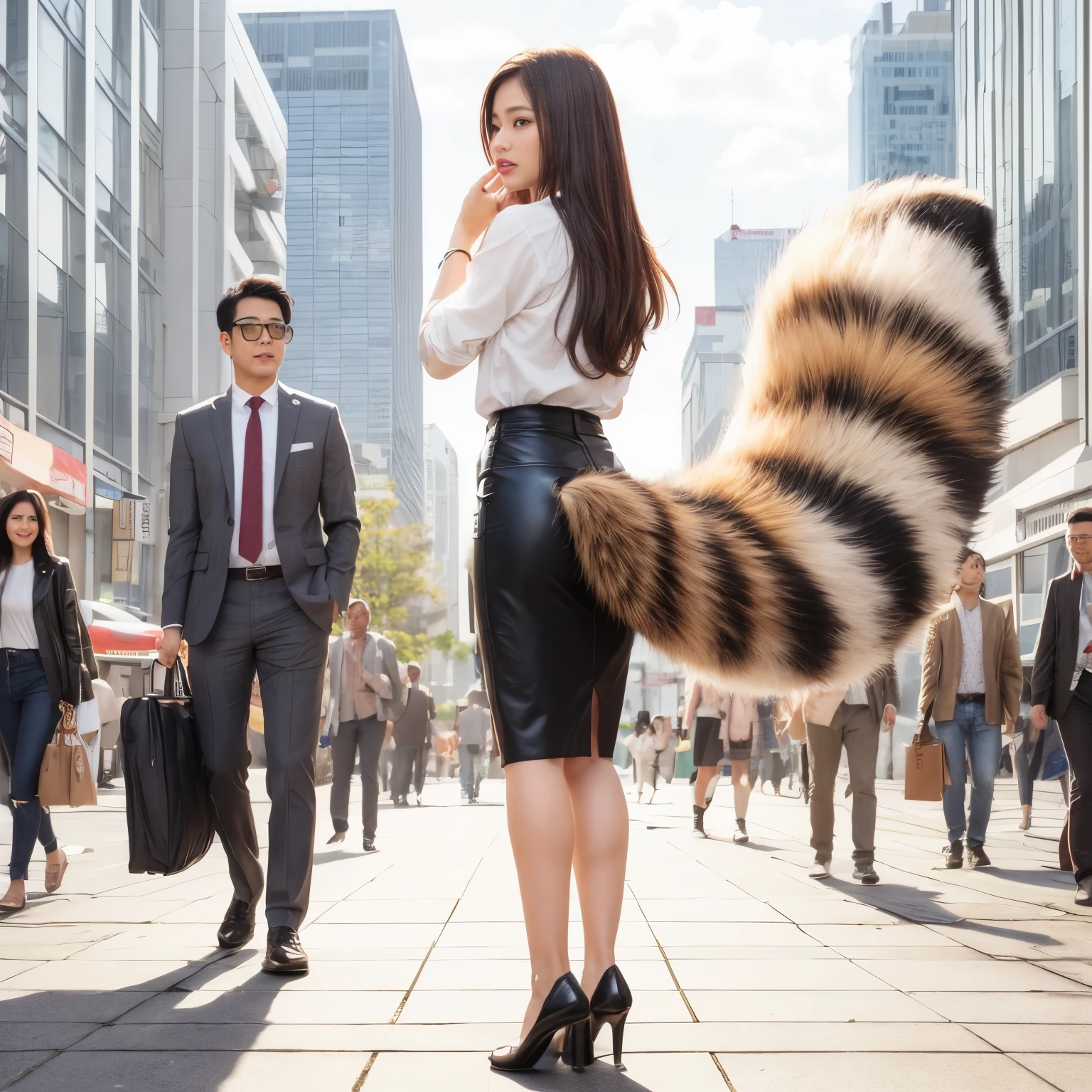 A woman wearing a pleated skirt with a raccoon tail, anthropomorphic racoon, けもの, Realistic, a picture, top-quality, Surprised face , Troubled face, Her skirt is turned up and her tail is visible.., Realistic tail, small tits, slender