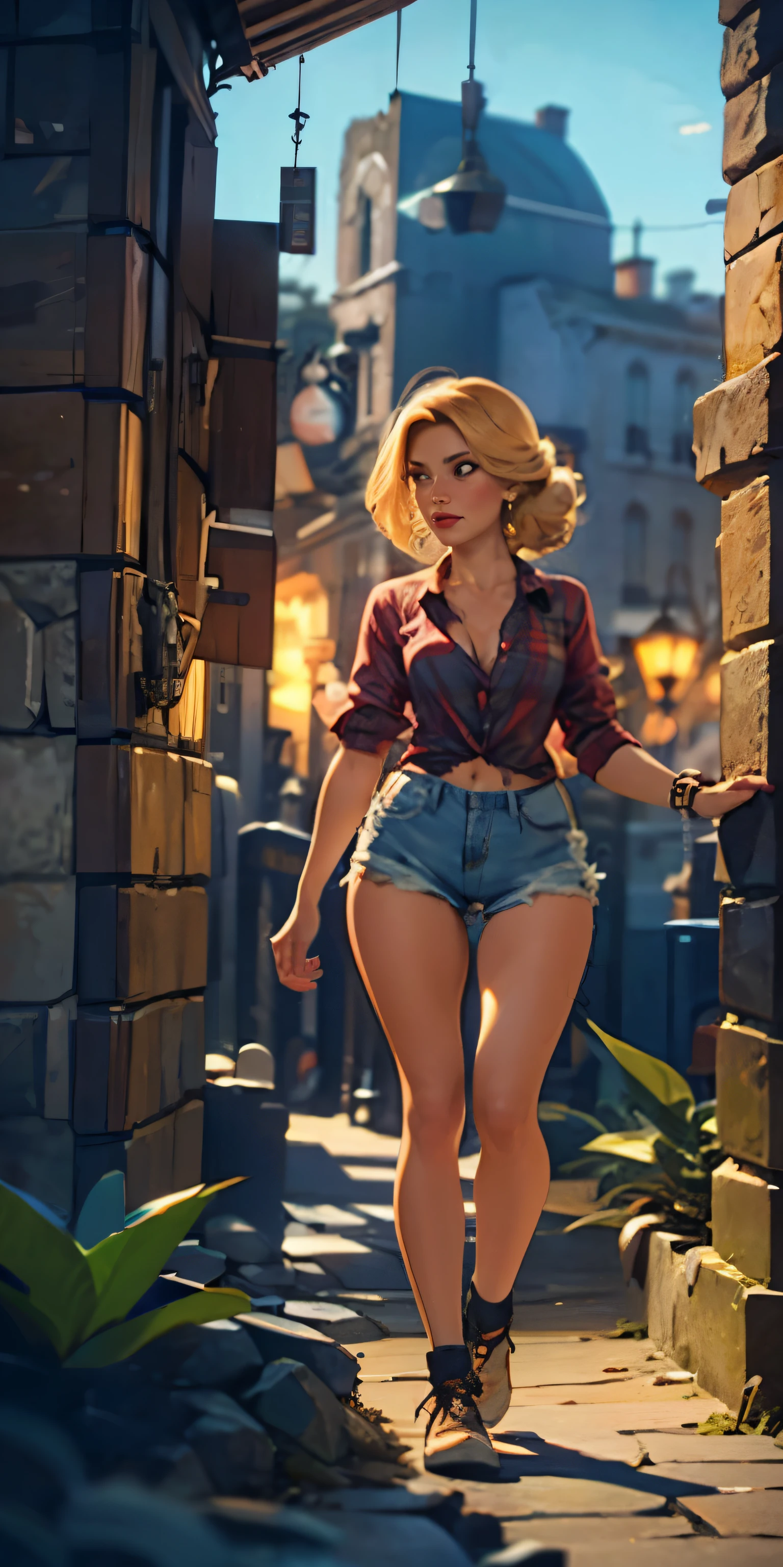 2076 year. The  Ruins of the Wasteland, Female huntress standing in the garden, beautiful face, blonde, torn shirt and denim shorts ,  long legs, sweating through, sun rising, Nice warm colors, head to toe full body shot