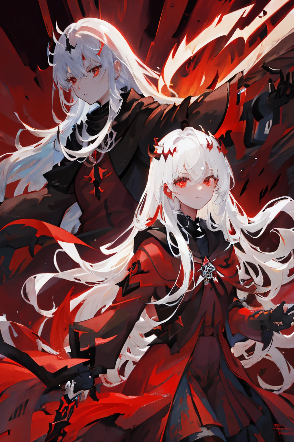 Red-eyed demon female swordsman，Mercenaries of the Continent of Destiny，Cold style，Bloody dark scene，Anime wind and fire red eyes，Crimson Wing，Scenes from《Destiny/Crown designation》Big and big《Eastern Project》Overlapping Worlds，Absolutely bloodthirsty personality,Grim Reaper's Scythe。