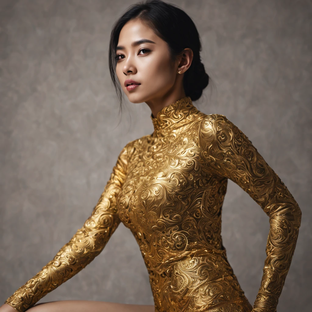 gold-water outline of the intricate(Thai patterns embossing)on body beautiful woman(colored body) full shot , upper body, studio light, subtle black background, incredibly detail ,free pose.,photorealistic, ultra sharp, cinematic light, surreal,fantastic