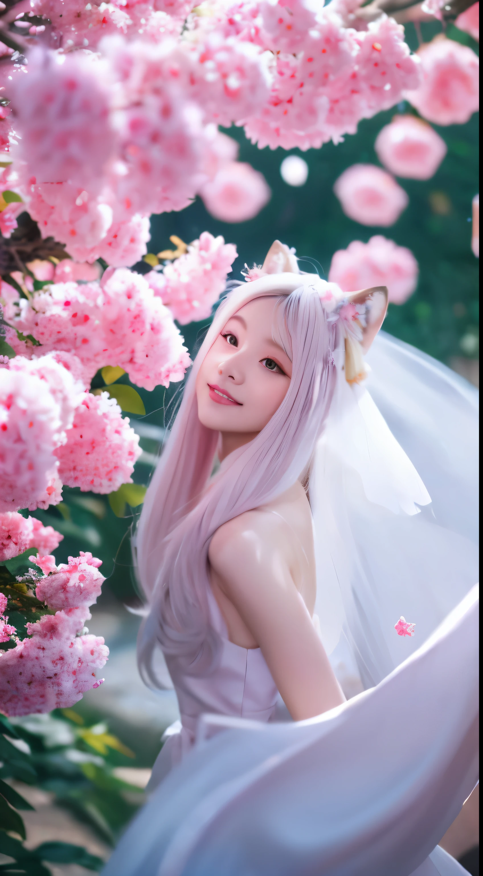 9 snow-white fox tails (1.0), Milky foxtail (1.0), Close-up of the nine-tailed fox, Ninetail, Ninetail, Anime girl with pink hair and flowers in pink dress, very Beautiful anime fox girl, Beautiful anime fox girl, beautiful fantasy anime, guweiz, Anime girl with fox ears, Beautiful anime girl, Very beautiful and cute fox girl, Rain of pink flowers, Background blur, anime style 4 k, anime fantasy artwork, 4k anime wallpaper, Guvez style artwork