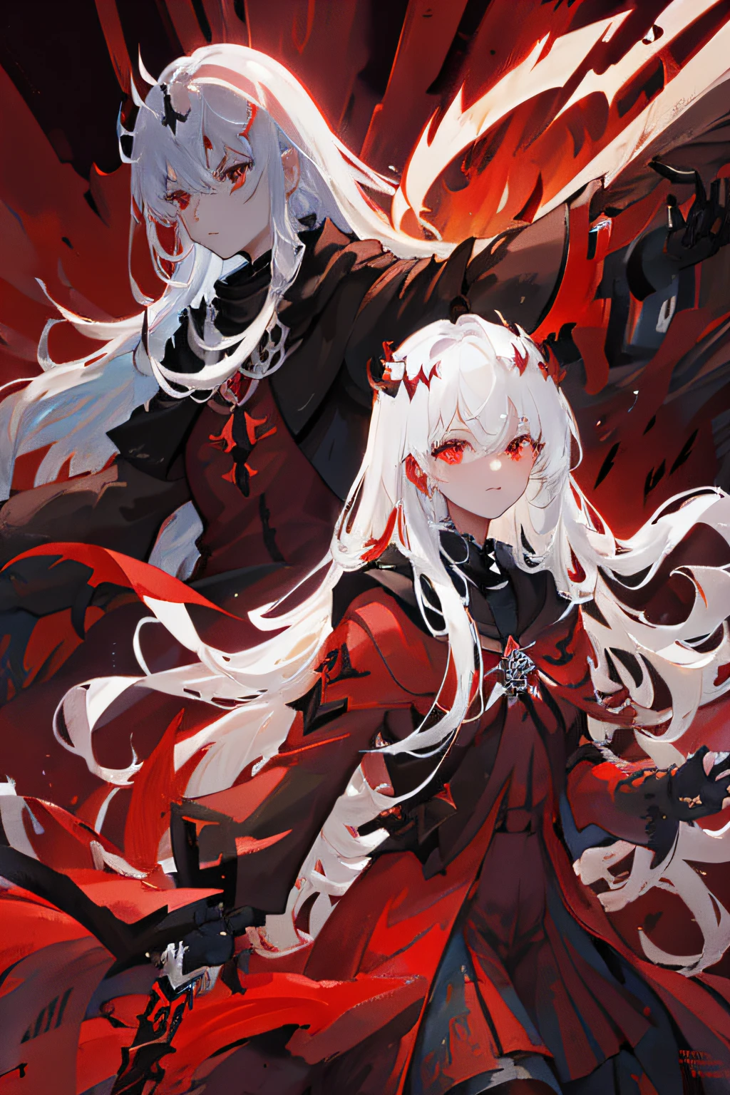 Red-eyed demon female swordsman，Mercenaries of the Continent of Destiny，Cold style，Bloody dark scene，Anime style and fire red eyes，Crimson Wing，Scenes of《Destiny/Crown designation》Big and big《Eastern Project》worlds that overlap，Truly bloodthirsty personality,Grim Reaper's Scythe。
