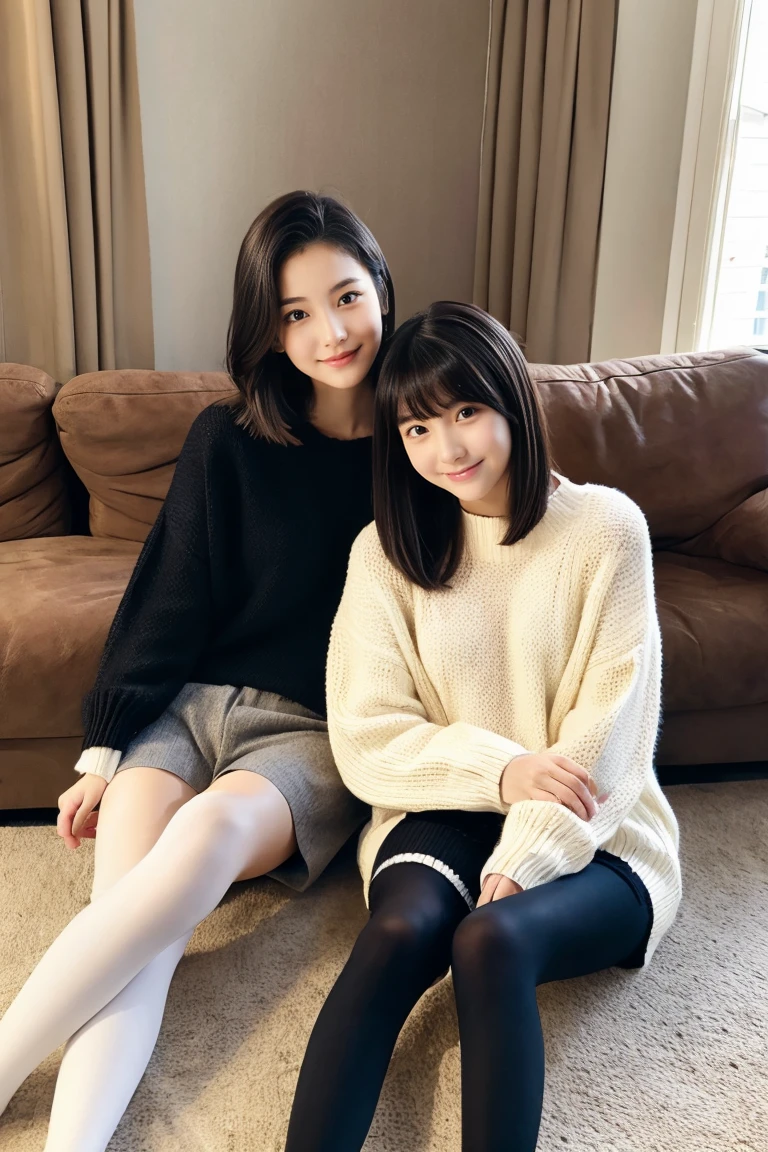 Two beautiful girls wearing sweaters、shortpants、14years、A dark-haired、Short Bob、Long straight hair、Bun hair、livingroom、Relaxed look、wool tights、