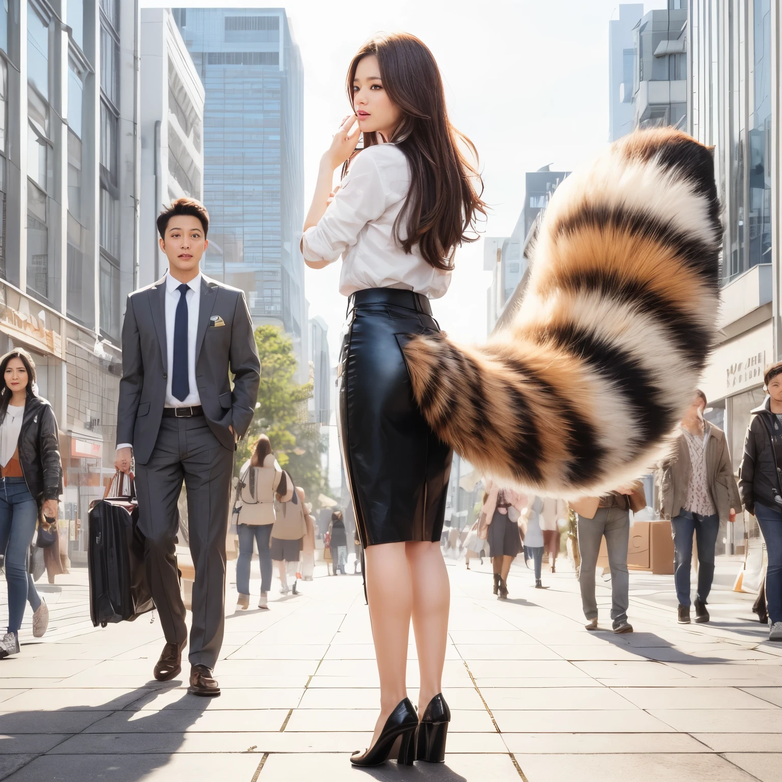 A woman wearing a pleated skirt with a raccoon tail, anthropomorphic racoon, けもの, Realistic, a picture, top-quality, Surprised face , Troubled face, Her skirt is turned up and her tail is visible.., Realistic tail, small tits, slender