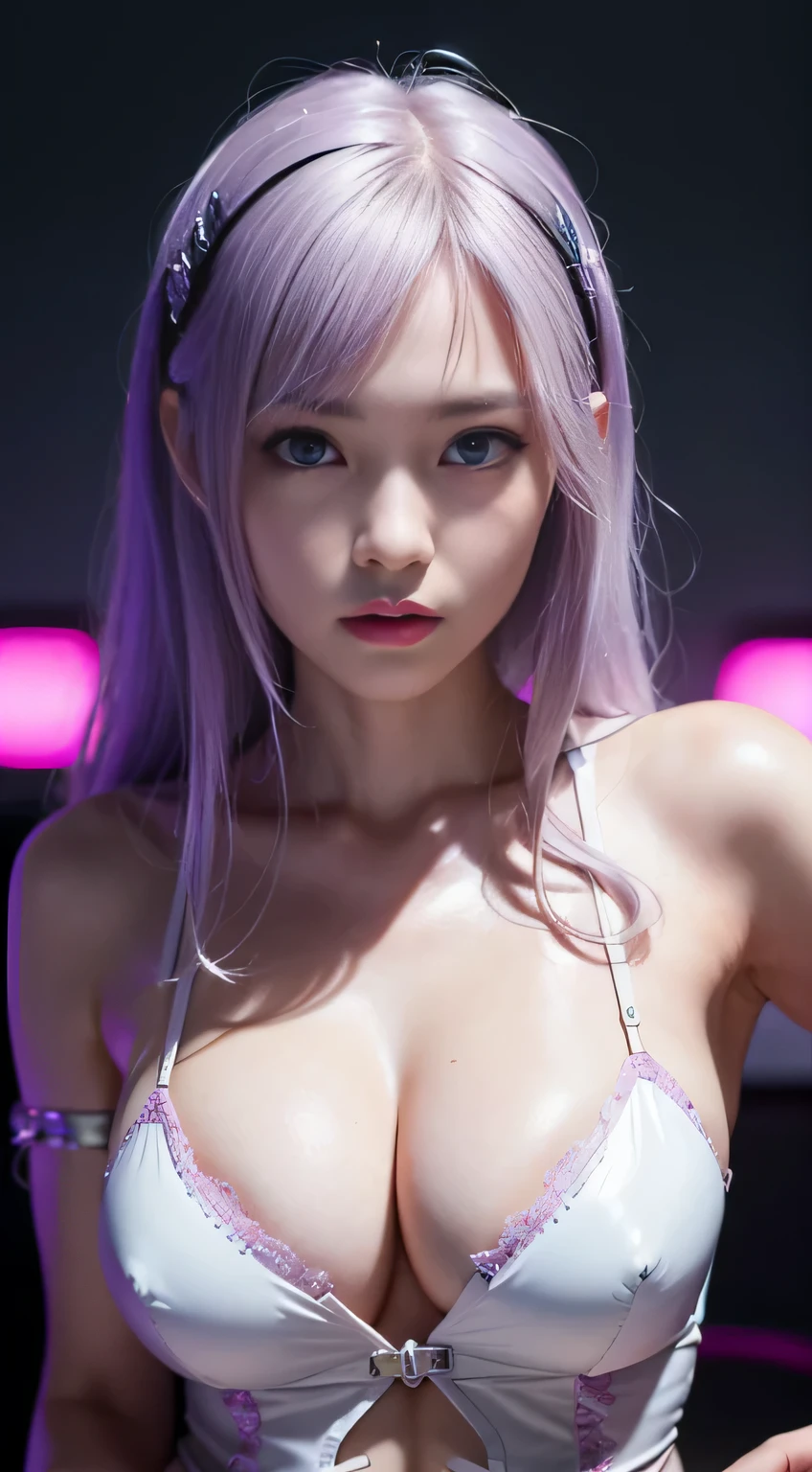 top-quality、​masterpiece、超A high resolution、(Photorealsitic:1.4)、Raw photo、女の子1人、years、Shiny platinum hair、sad Facial expression、glowy skin、((super realistic details))、portlate、globalillumination、Shadow、octan render、8K、ultrasharp、Colossal tits、cleavage of the breast、Underbust of raw skin、Latex microbra without strings Very intricate details、Realistic light、CGSoation Trends、a purple eye、Eyes shining towards the camera、neon details、sitting on、Futuristic hair ornament、Gundam、Small LED lamp、Purple neon lighting、Green neon lighting、