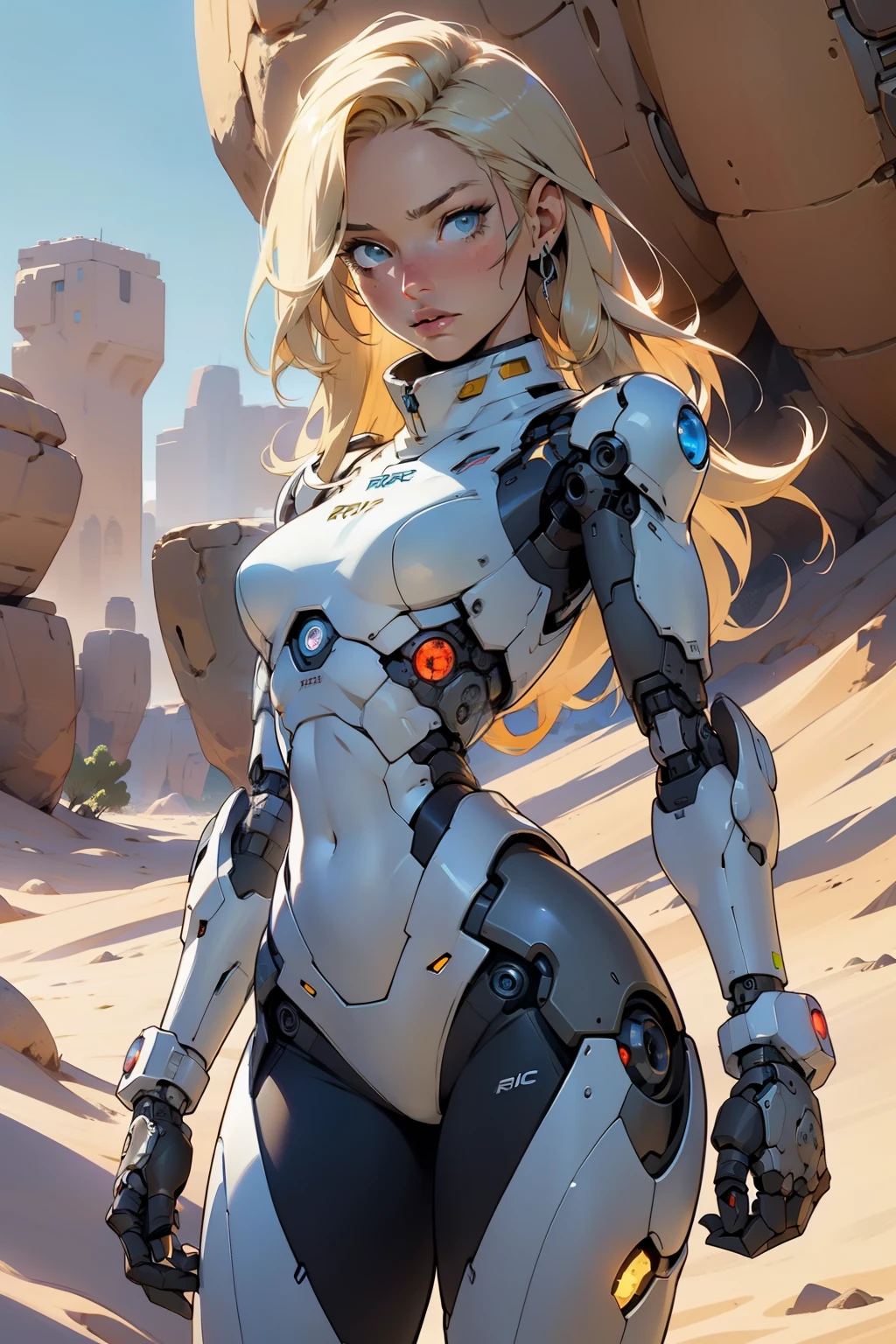 high quality, 4k, masterpiece, beautiful, cyborg girl, cowboy shot, dull eyes, looking at viewer, long blonde hair, girl, small breasts, fit thigh, robotic arms, robotic body, cyborg body, yellow accent, intricate detail, joint, detailed lines, robotic detail, holding fist up, holding hand up as fist, color robotic parts, robotic parts with color, perfect fingers, on a desert planet, sunny background, colorful desert,