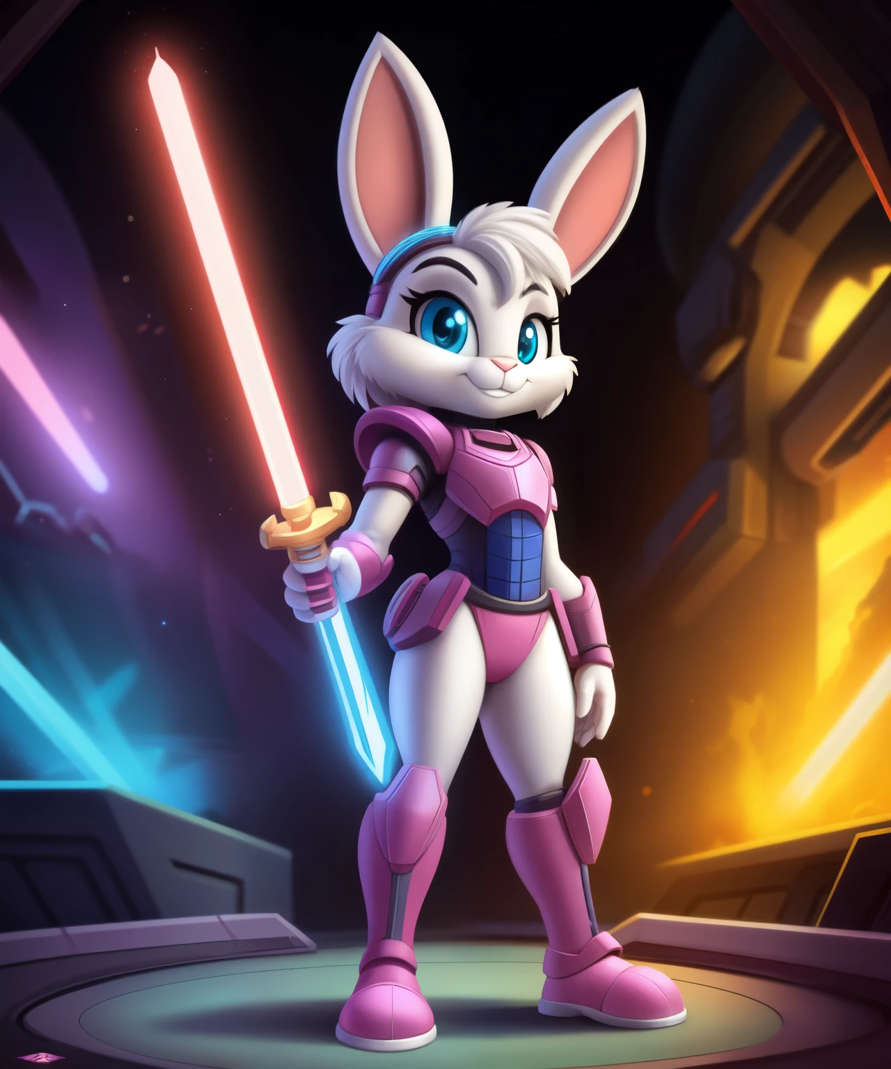 Polibius the female pink rabbit in his dark sci-fi warrior costume, holding a laser sword, , tiny toons style, full body view