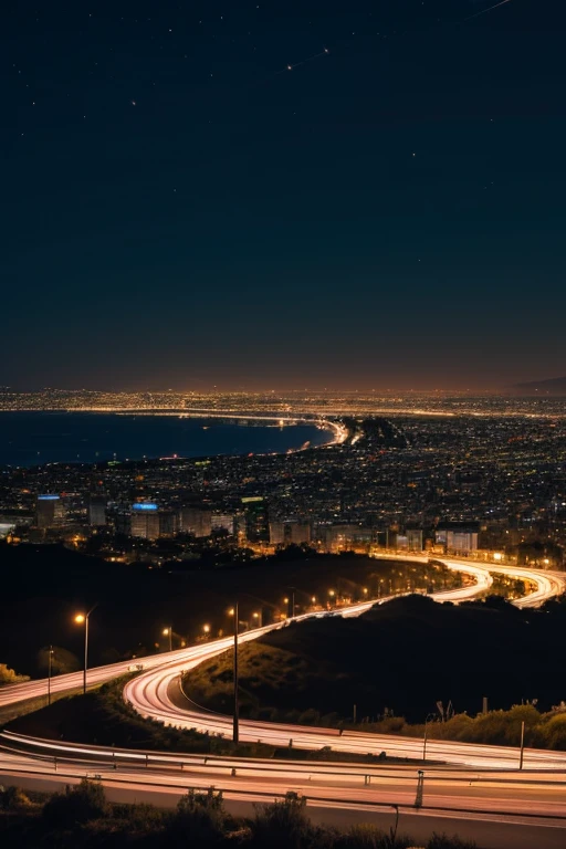 Americans　california　on a slightly higher hill　Road in the foreground　I can see the city in the background　Street lights are shining　early in the night　A faint sunset can be seen in the background　very beautiful scenery　8K　Top image quality　​masterpiece