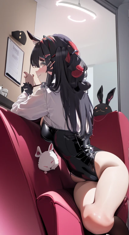 ((Sitting on a chair)),(((From below))), (( Side view)),​masterpiece, absurderes, 1girl in, hair clips, bunny rabbit, bunny rabbitの耳, Fake animal ears, Black latex leotard,‎Classroom,A smile,,^ ^, thighs thighs thighs thighs, Surprised,Looking at the camera