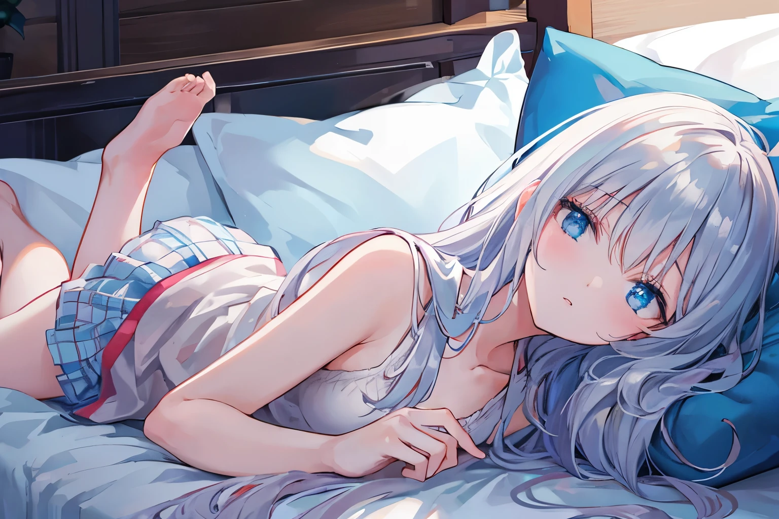 (Masterpiece, best quality: 1.3), Ultra detail, ((Very tasty and beautiful)), 8k wallpapers, cinematic lighting, overexposure, (1 girl, solo exhibition), long white hair, white pajamas, loli, full body