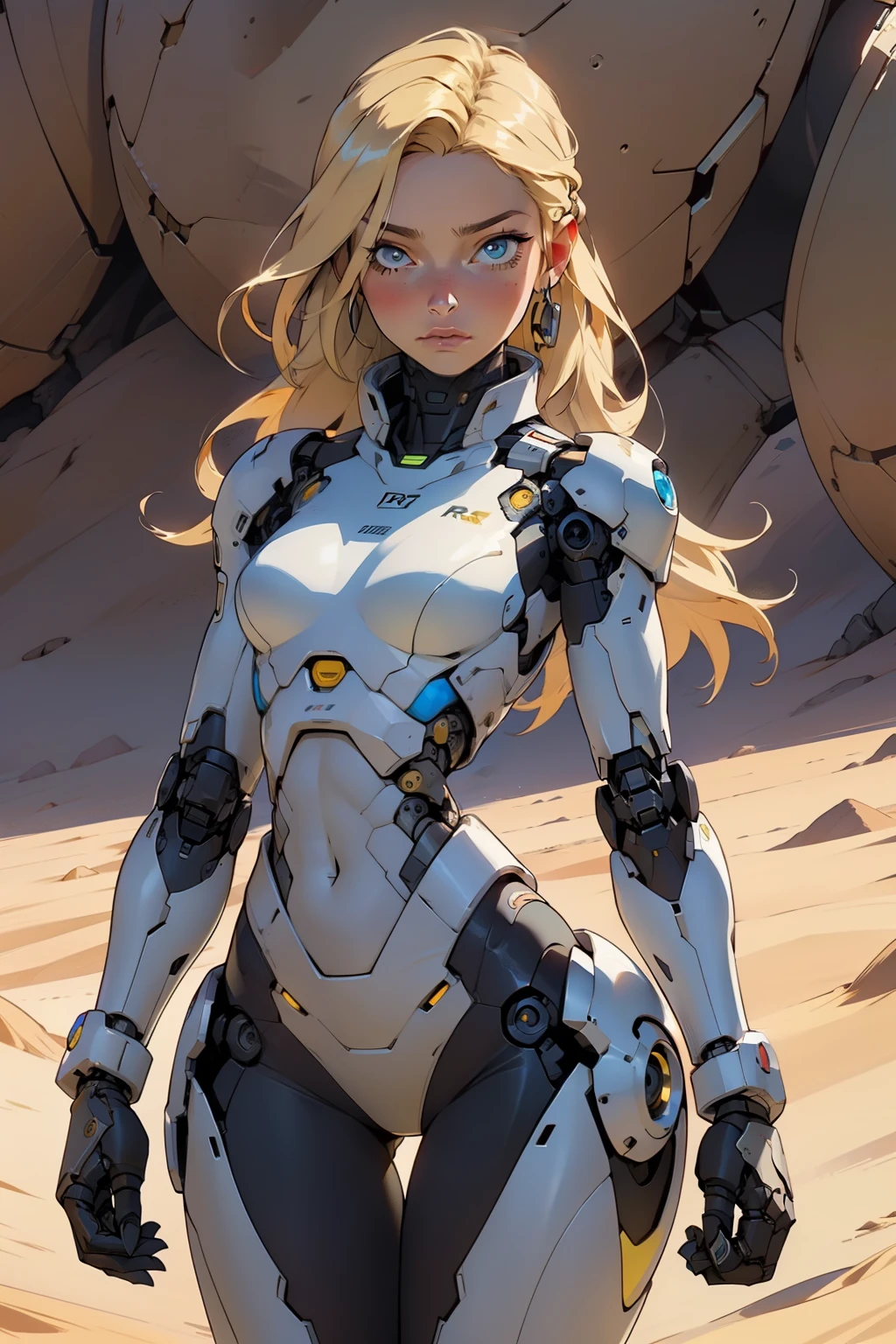 high quality, 4k, masterpiece, beautiful, cyborg girl, cowboy shot, dull eyes, looking at viewer, long blonde hair, girl, small breasts, fit thigh, robotic arms, robotic body, cyborg body, yellow accent, intricate detail, joint, detailed lines, robotic detail, holding fist up, holding hand up as fist, color robotic parts, robotic parts with color, perfect fingers, on a desert planet, sunny background, colorful desert,