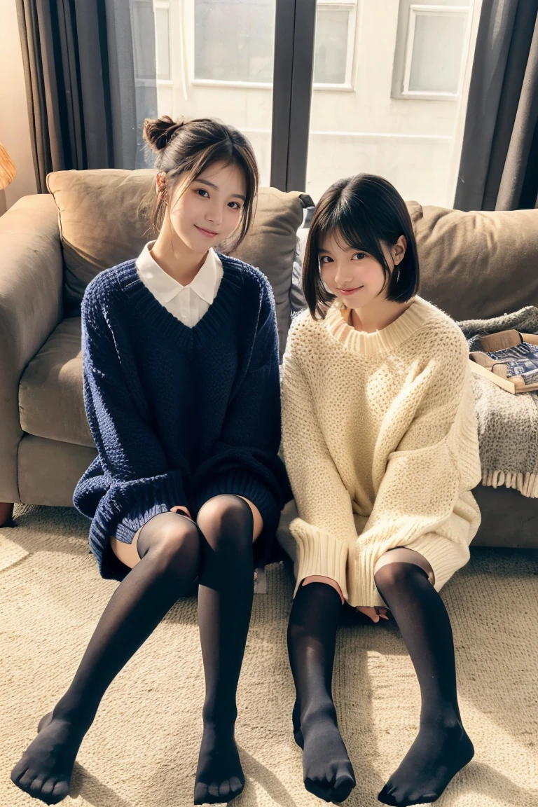 Two beautiful girls wearing argyle sweaters、years、A dark-haired、Short Bob、Long straight hair、Bun hair、livingroom、Relaxed look、wool tights、