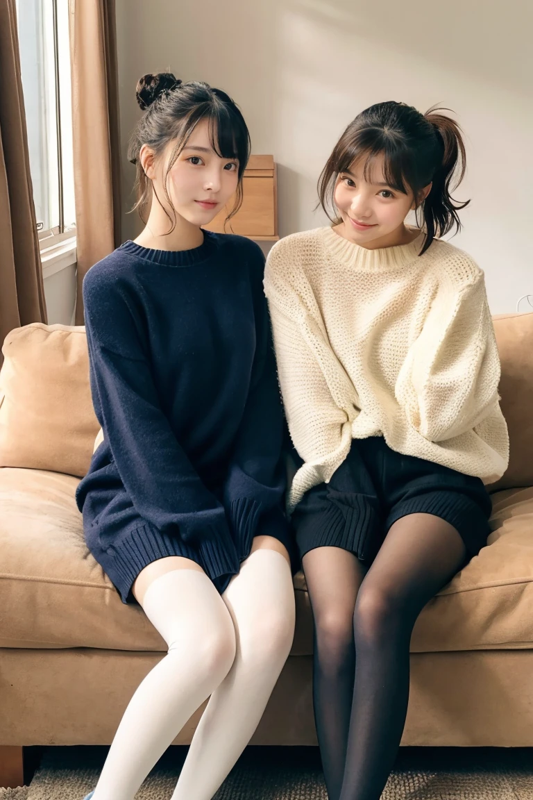 Two beautiful girls wearing sweaters、shortpants、14years、A dark-haired、Short Bob、Long straight hair、Bun hair、livingroom、Relaxed look、wool tights、