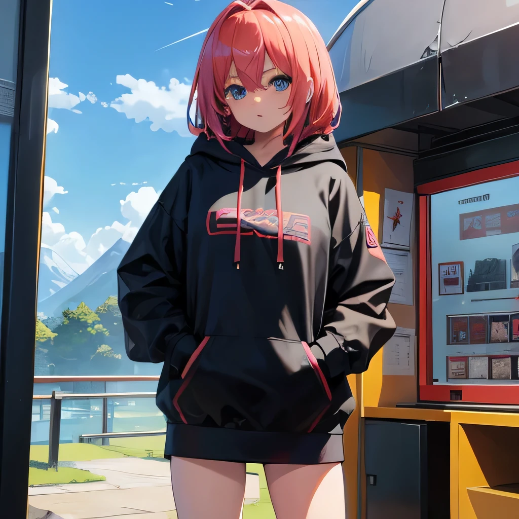 , 8k, masterpiece, hi-resolution, best quality, hi-res, Top Quality, High Quality, High Resolution,, woman, hoody, city