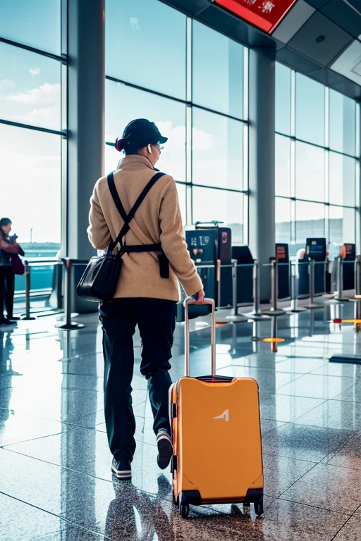 a blind person (Chinese) dragging luggage at the airport, using voice navigation on a smartphone, walking on the left side of the tactile paving, able to perceive the larger surrounding environment, [airport terminal] [modern architecture], [busy crowd], [luggage trolley], [sound of announcements], [directional signs], (smartphone:1.1) [voice guidance], [tactile paving], [assistive technology] to navigate, [assisting hands], [cane], (independence,confidence), [bright light], (best quality,4k,8k,highres,masterpiece:1.2) [vibrant colors], [natural lighting],