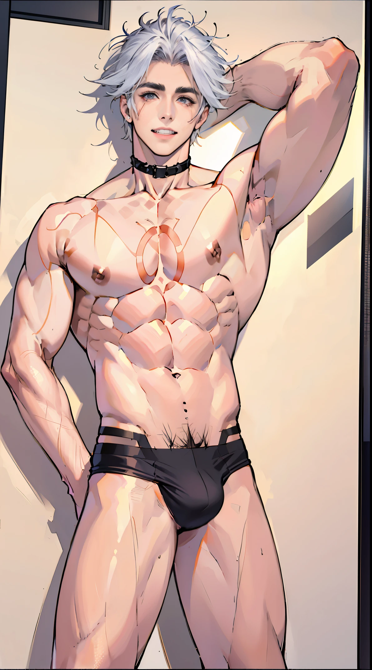 gay male model photos, sport, age 22, tilt, beefy,  short detailed hair,  Focus sharp, Digital SLR, Super quality,8k ultra high definition, high detal, ultra real photo,  , ((Realistic skin), ((pores)), ((high detal皮肤)), volumettic light, groin, (absurderes, A high resolution, Ultra detailed, hdr), Men&#39;s upper body，Masterpiece, Best quality, Detailed face，Handsome, short detailed hair, finely eye and detailed face, Light smile, full bodyesbian, White and gray hair color,Topless, Open legs，Standing，（anatomy correct），Have the perfect figure，Huge bulge，Abs，chest muscle， [ A well-defined body ]，