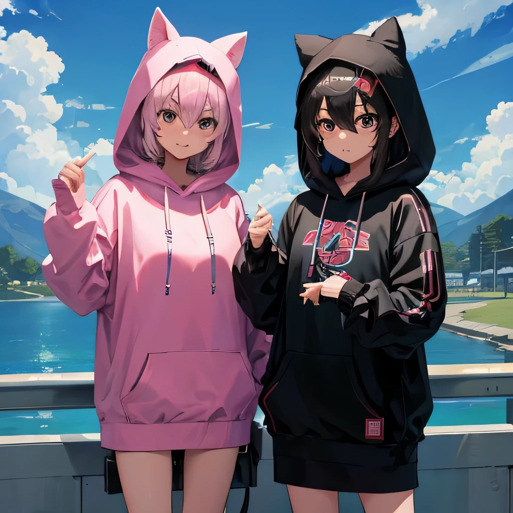 Anime style、Have a game console、Standing picture、wearing hoodies、femele、quadratic element、Vtuber、fantastic landscape