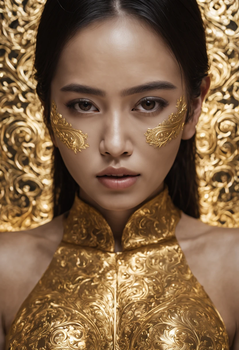 gold-water outline of the intricate(Thai patterns embossing)on body beautiful woman(colored body) full shot , upper body, studio light, subtle black background, incredibly detail ,free pose.,photorealistic, ultra sharp, cinematic light, surreal,fantastic