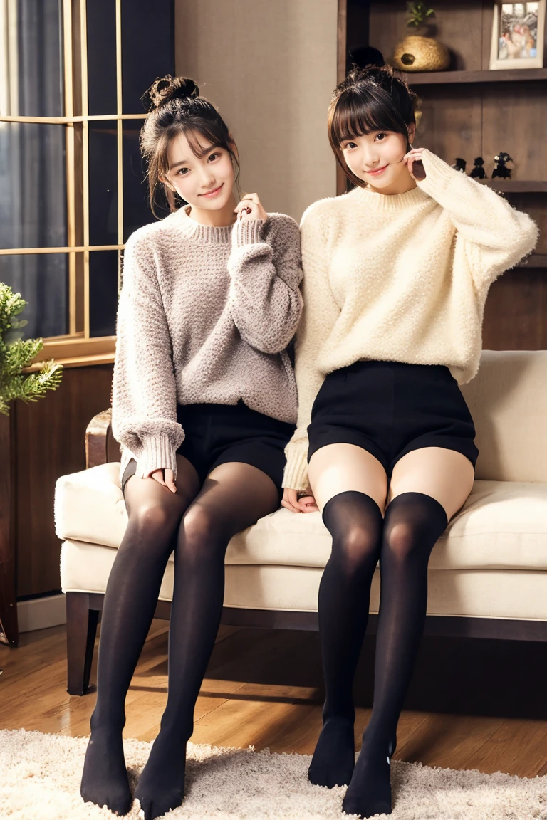 Two beautiful girls wearing cute sweaters、shortpants、14years、A dark-haired、Short Bob、Long straight hair、Bun hair、livingroom、Relaxed look、wool tights、