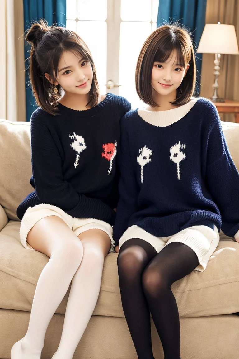 Two beautiful girls wearing cute sweaters、shortpants、14years、A dark-haired、Short Bob、Long straight hair、Bun hair、livingroom、Relaxed look、wool tights、