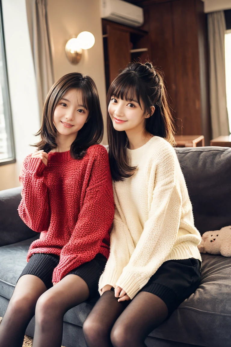 Two beautiful girls wearing cute sweaters、shortpants、years、A dark-haired、Short Bob、Long straight hair、Bun hair、livingroom、Relaxed look、wool tights、