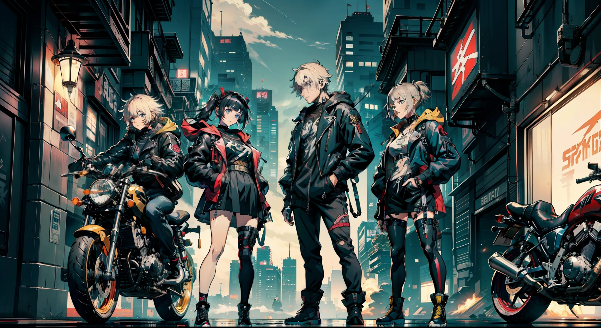 cyberpunked、girl with、mechanic、comical、Anime style、Gray and dark hair、motor bikes、Rider Jacket、punk coloring、sity、ナイトsity、group、street fighter、Gladiator