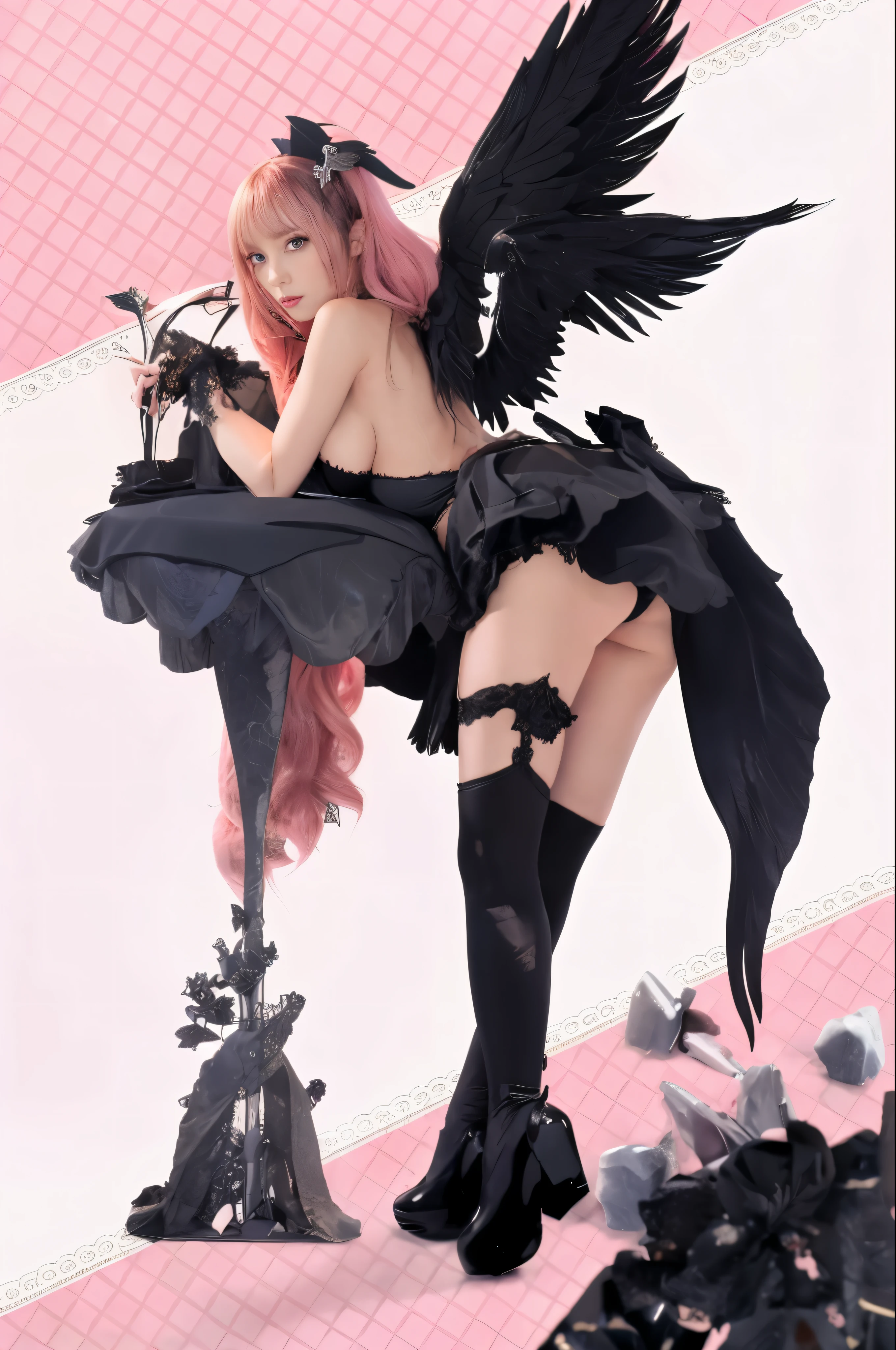 Close-up of a woman in a black dress with wings, Angel Knight Gothic Girl, villainess has black angel wings, angel knight girl, angel with black wings, guweiz, Angel Girl, Anime Barbie in white stockings, 8k high quality detailed art, a beautiful succubus, beautiful anime girl squatting, Gothic Maiden anime girl, Fallen Angel