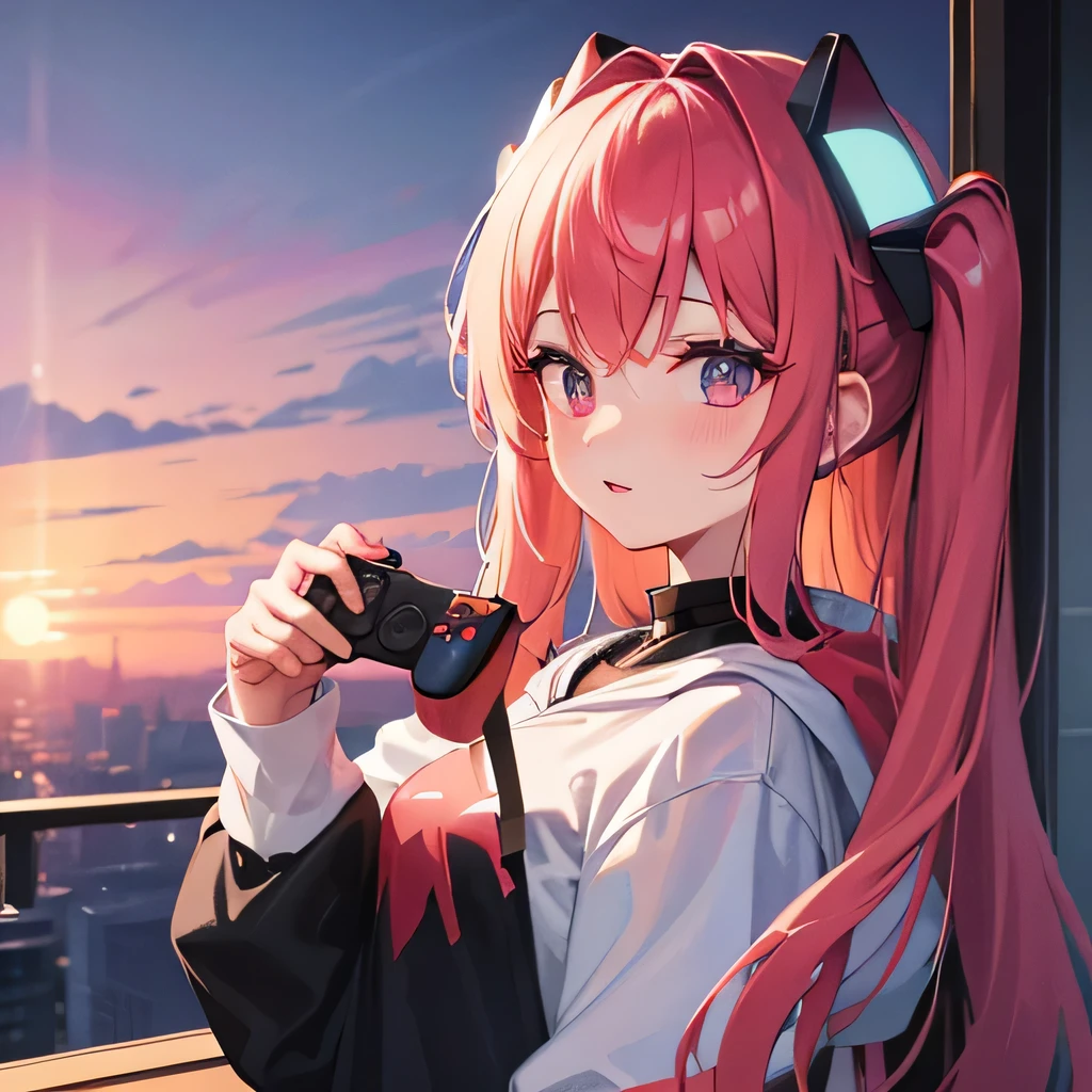 Anime style、Have a game console、Standing picture、wearing hoodies、femele、quadratic element、Vtuber、fantastic landscape