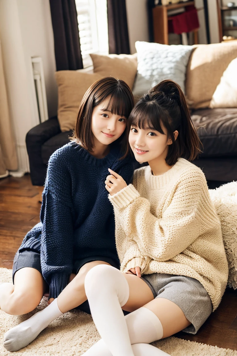 Two beautiful girls wearing cute sweaters、shortpants、years、A dark-haired、Short Bob、Long straight hair、Bun hair、livingroom、Relaxed look、wool tights、