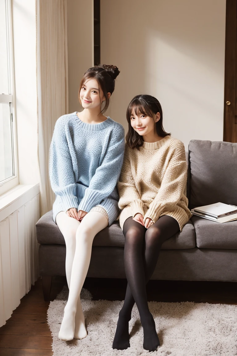 Two beautiful girls wearing cute sweaters、shortpants、14years、A dark-haired、Short Bob、Long straight hair、Bun hair、livingroom、Relaxed look、wool tights、