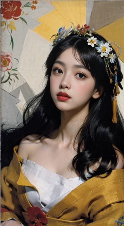 a close up of a woman with a flower crown on her head, asian features, jinyoung shin, inspired by Yanjun Cheng, traditional art, korean artist, gorgeous chinese model, yanjun chengt, fanart, by Ni Tian, beautiful south korean woman, official artwork, by Wu Bin, wenfei ye, popular south korean makeup, a young asian woman absolutely abstract