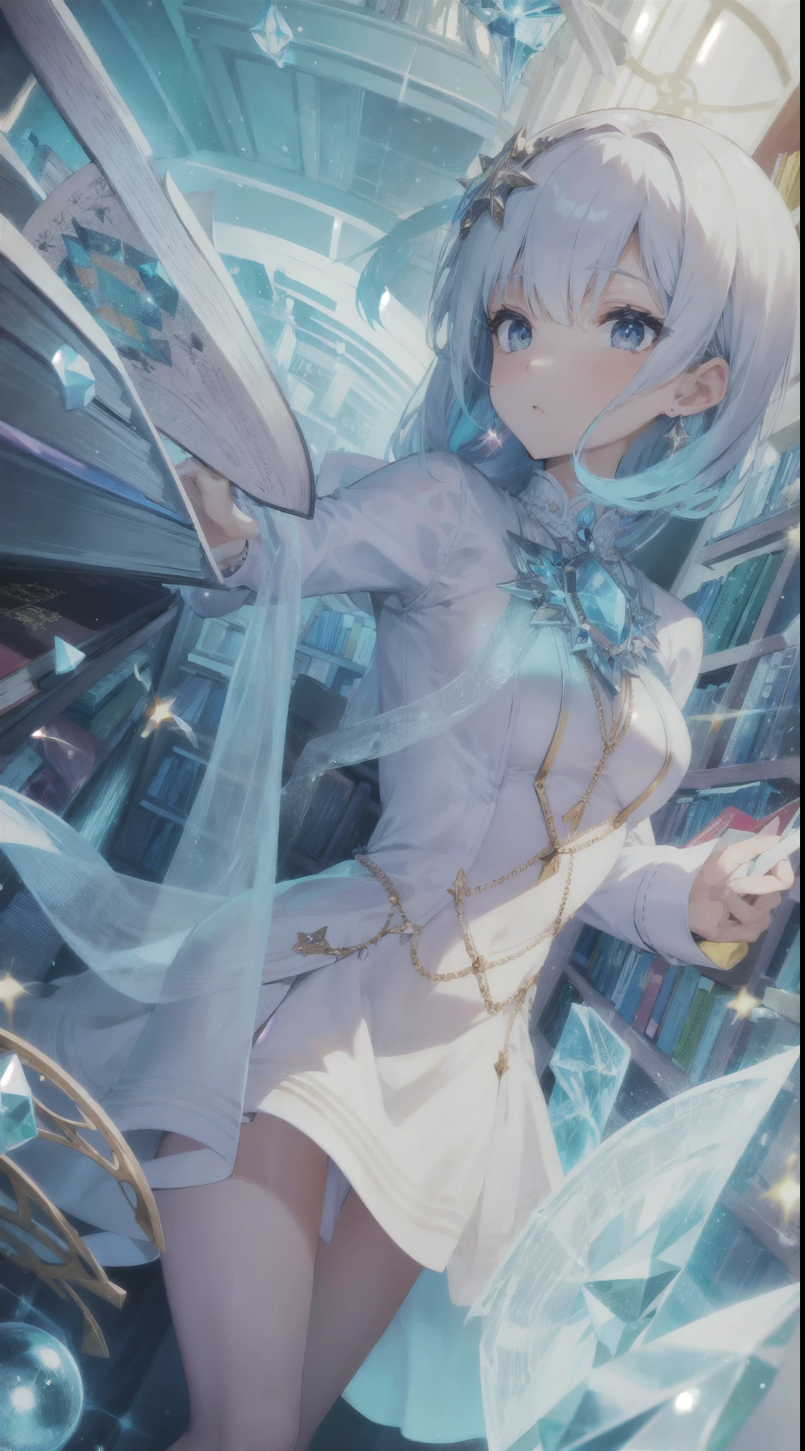 books everywhere, white tight dress, crystals, detailed, colorful