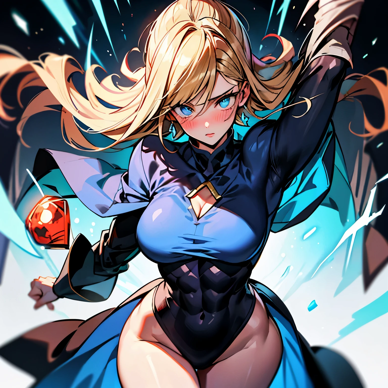 great quality, (1 woman), very focused face, diamond face, perfect eyes, (wearing mage robe), mage robe, strong shadows, full body, detailed face, (casting spell), blue flashes of light, in battle, detailed abs, shinying eyes, (masterpiece), direct light, underlight, strong jaw, (large boobs), massive ass, thick thighs, (long torso), wide waist, skinny torso, fit, perfect face, sexy, (blushing),