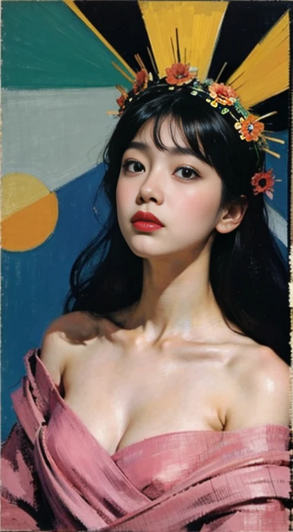 a close up of a woman with a flower crown on her head, asian features, jinyoung shin, inspired by Yanjun Cheng, traditional art, korean artist, gorgeous chinese model, yanjun chengt, fanart, by Ni Tian, beautiful south korean woman, official artwork, by Wu Bin, wenfei ye, popular south korean makeup, a young asian woman absolutely abstract