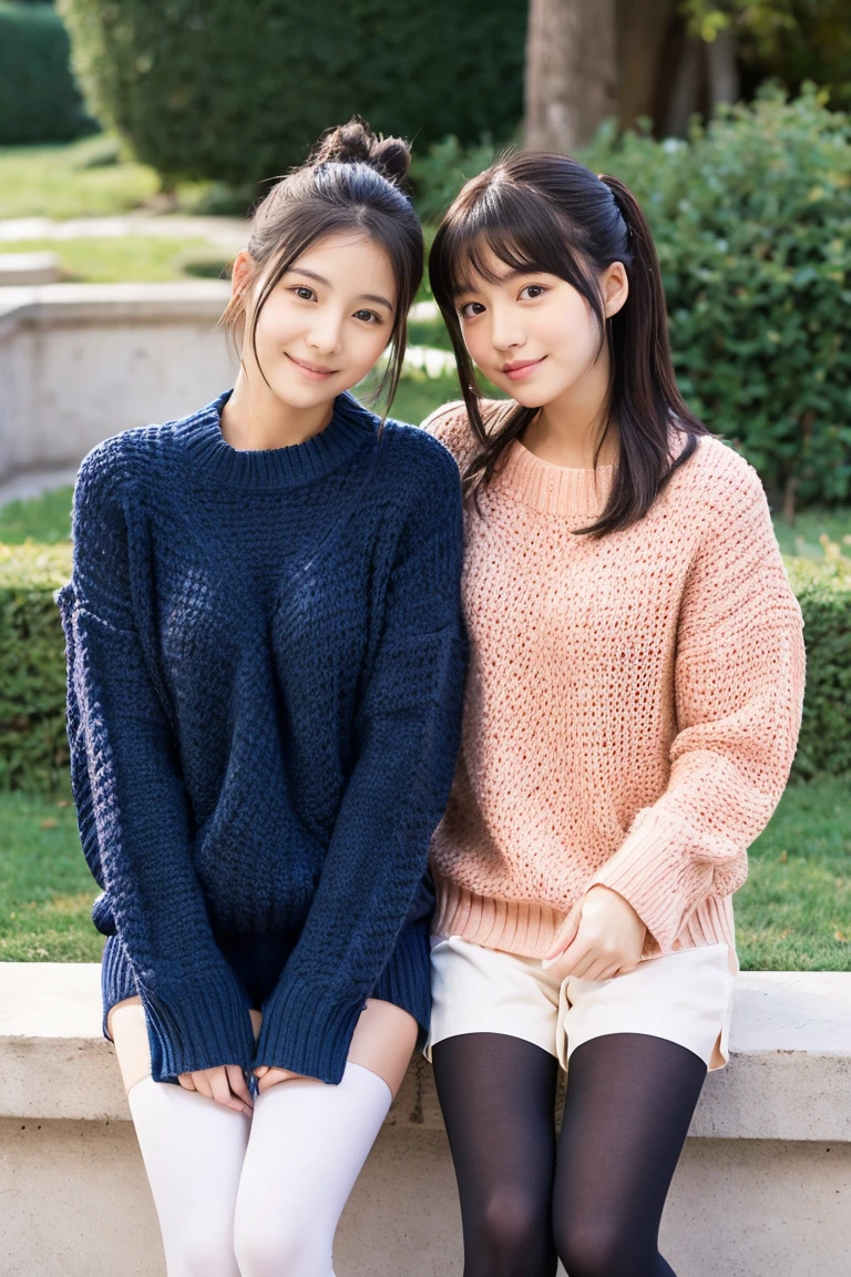 Two beautiful girls wearing cute sweaters、shortpants、years、A dark-haired、Short Bob、Long straight hair、Bun hair、muffler、Relaxed look、wool tights、