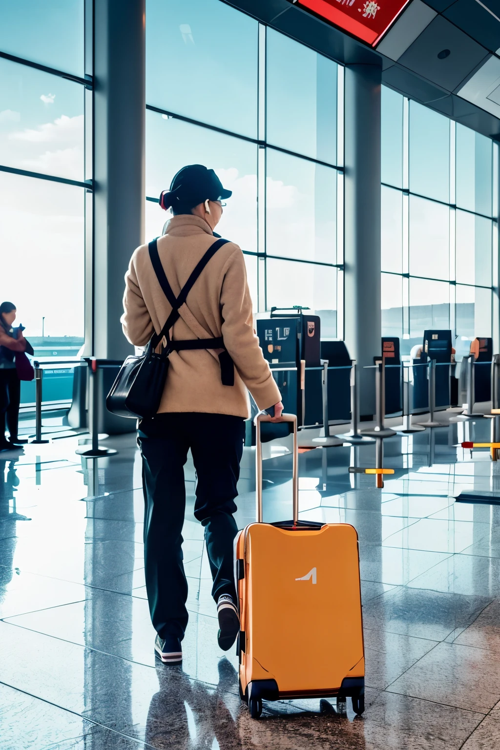 a blind person (Chinese) dragging luggage at the airport, using voice navigation on a smartphone, walking on the left side of the tactile paving, able to perceive the larger surrounding environment, [airport terminal] [modern architecture], [busy crowd], [luggage trolley], [sound of announcements], [directional signs], (smartphone:1.1) [voice guidance], [tactile paving], [assistive technology] to navigate, [assisting hands], [cane], (independence,confidence), [bright light], (best quality,4k,8k,highres,masterpiece:1.2) [vibrant colors], [natural lighting],