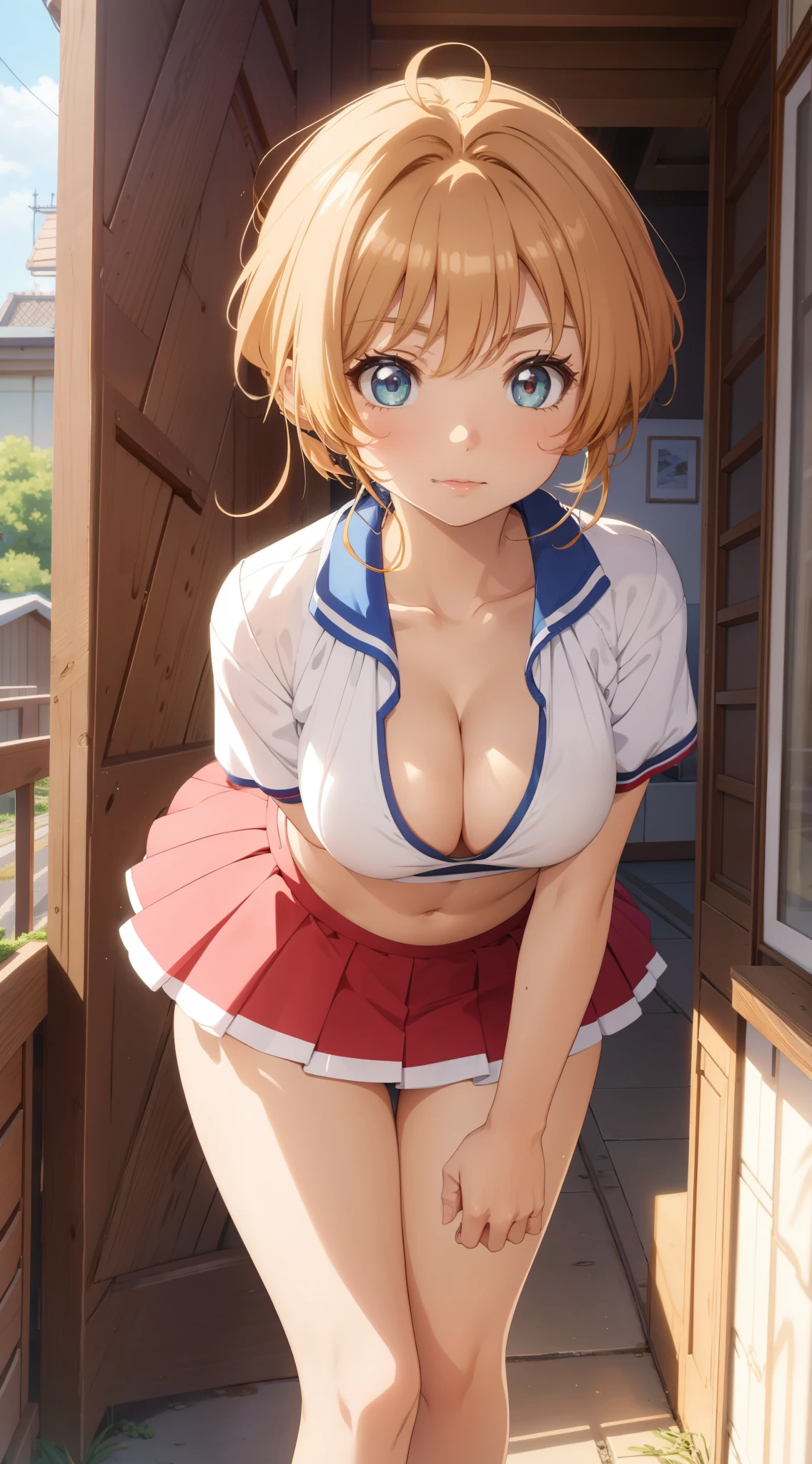 masterpiece, best quality, highres, perfect pixel, depth of field, 1girl, single, solo, beautiful anime girl, beautiful artstyle, detailed face, anime CG style, (medium breasts), good lighting, perfect body, (sakura kinomoto), glossy lips, cleavage, cheerleader, midriff, (from behind), bent over