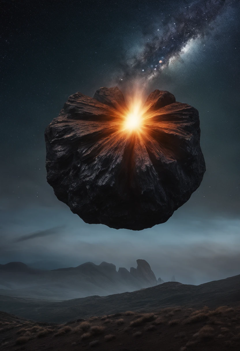 cielo nocturno, Sustancia natural, Monolithic black meteorite, Disparando a la Tierra, liquid nitrogen, Kinematic shot + dynamic composition, Incredibly detailed, afilar, Detalles + Detalles intrincados + Pro Lighting, film lighting + 35mm + anamorphic + Lightroom + cinematography + Bokeh + Destello de lente + Film grain + HDR10 + 8k + Roger Deakins, ((Kinematic)), perfect composition, Hiperrealista, Super detailed, 8k, alta calidad, Arte de tendencias, tendencias en Artstation, foco nítido, Foto de estudio, intricate Detalles, Altamente detallado,