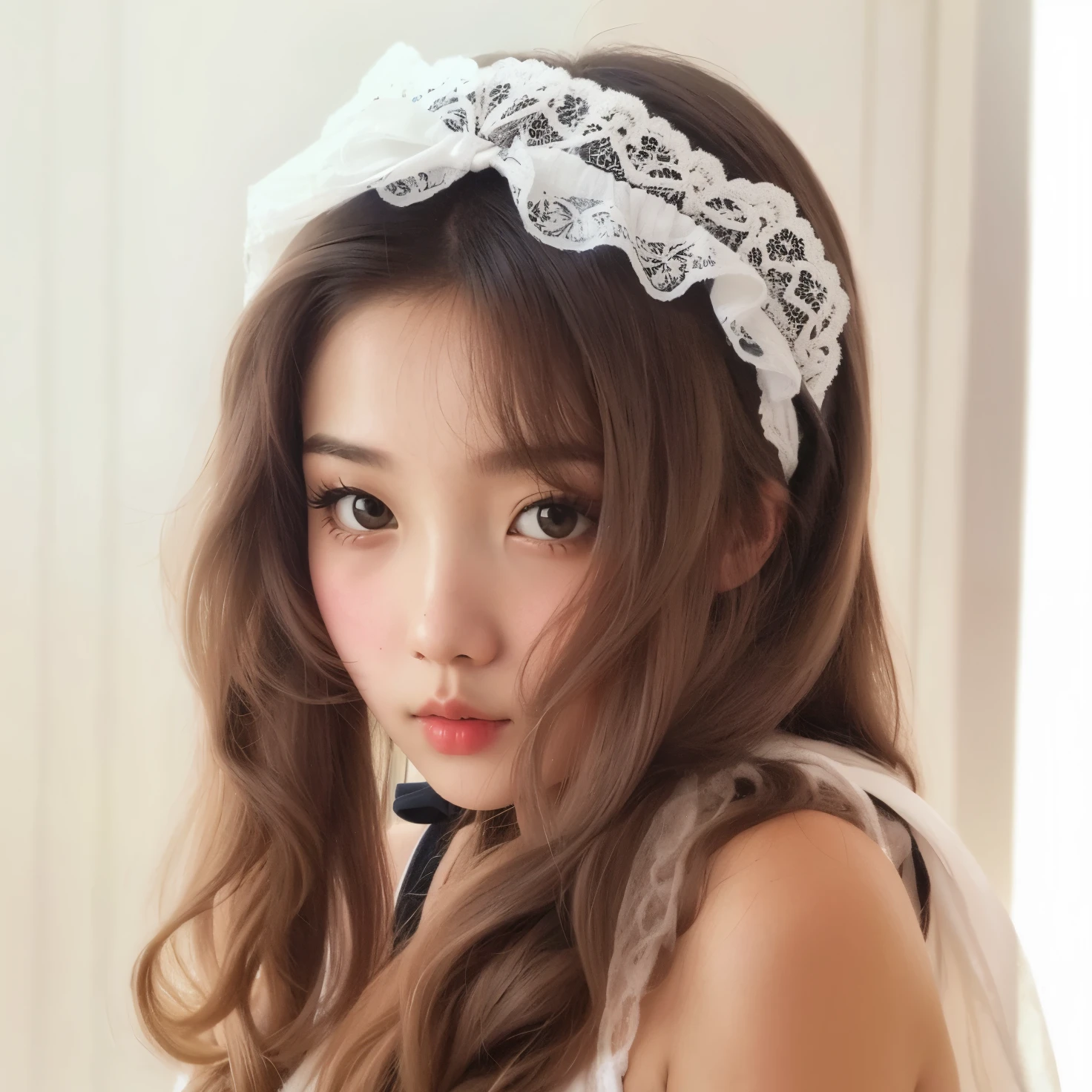 there is a woman with a velo and a encaje headband, Hairband, white encaje, AuricularesAlta calidad, encaje velo, Tocado para tocado, encajey accessories, encaje, velo, white encaje clothing, ulzzang, wings encaje wear, Hermosa joven coreana, Tocado de malla, white transparent velo, Portrait of the Japanese gyaru, Peinado kawaii