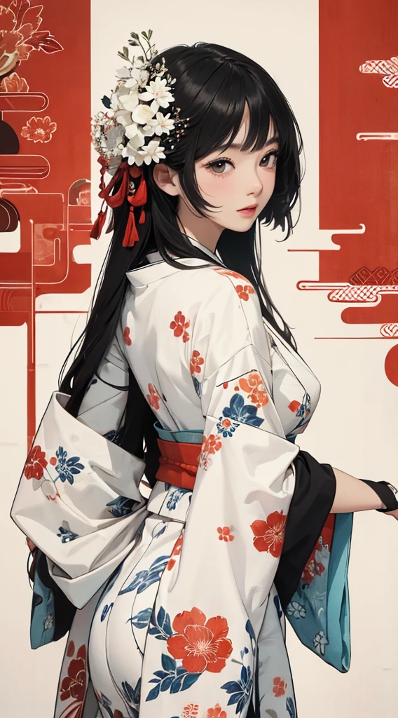 ((8k wallpaper of extremely detailed CG unit, ​masterpiece, hight resolution, top-quality, top-qualityのリアルテクスチャスキン)), ((a very beautiful woman, Seductive facial expressions, Plump lips, The upper part of the body, Japanese pattern haori, Japanese pattern micro mini shorts)), (messy black hair, de pele branca, Small), ((Colorful background with geometric patterns, Japanese pattern background, Chill, white backgrounid)), Sumi-e, hyper realisitic, digitial painting, concept-art,