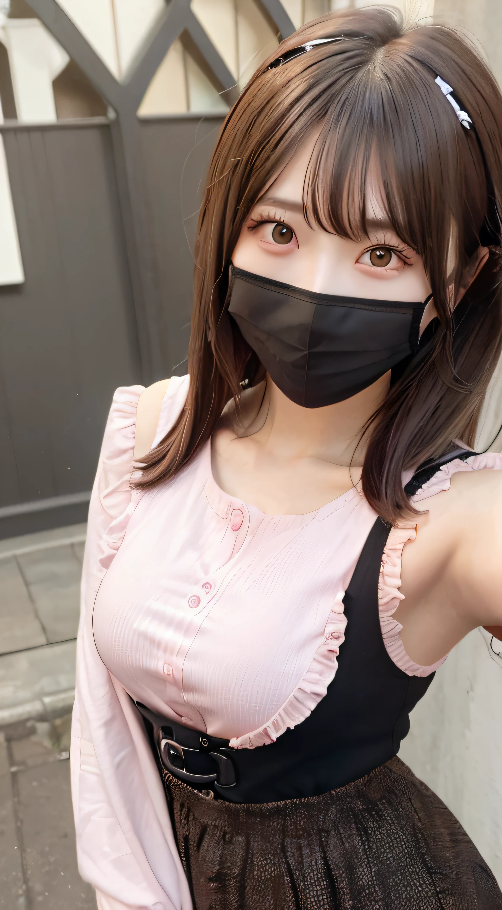 best quality, masterpiece, 1girl, miuna, slender, (brown hair:1.3), medium breasts, looking at viewer, detailed, (pink colored inner hair,:1.2), jirai fashion, black waist skirt, (black eyes:1.2), long hair, (black mouth mask:1.3), highlight in eyes, long hair