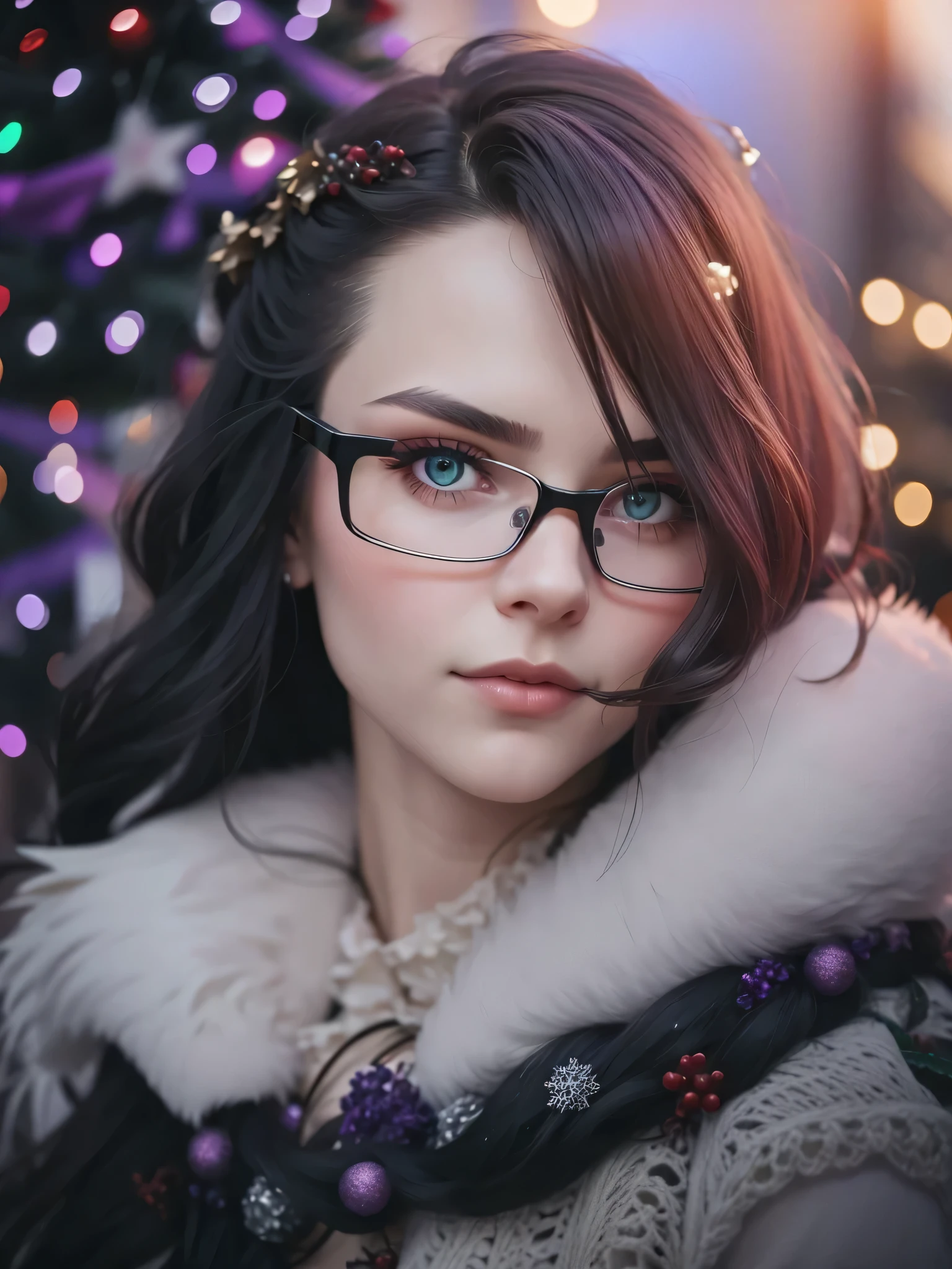 holiday tree in the background, mystical purple lights