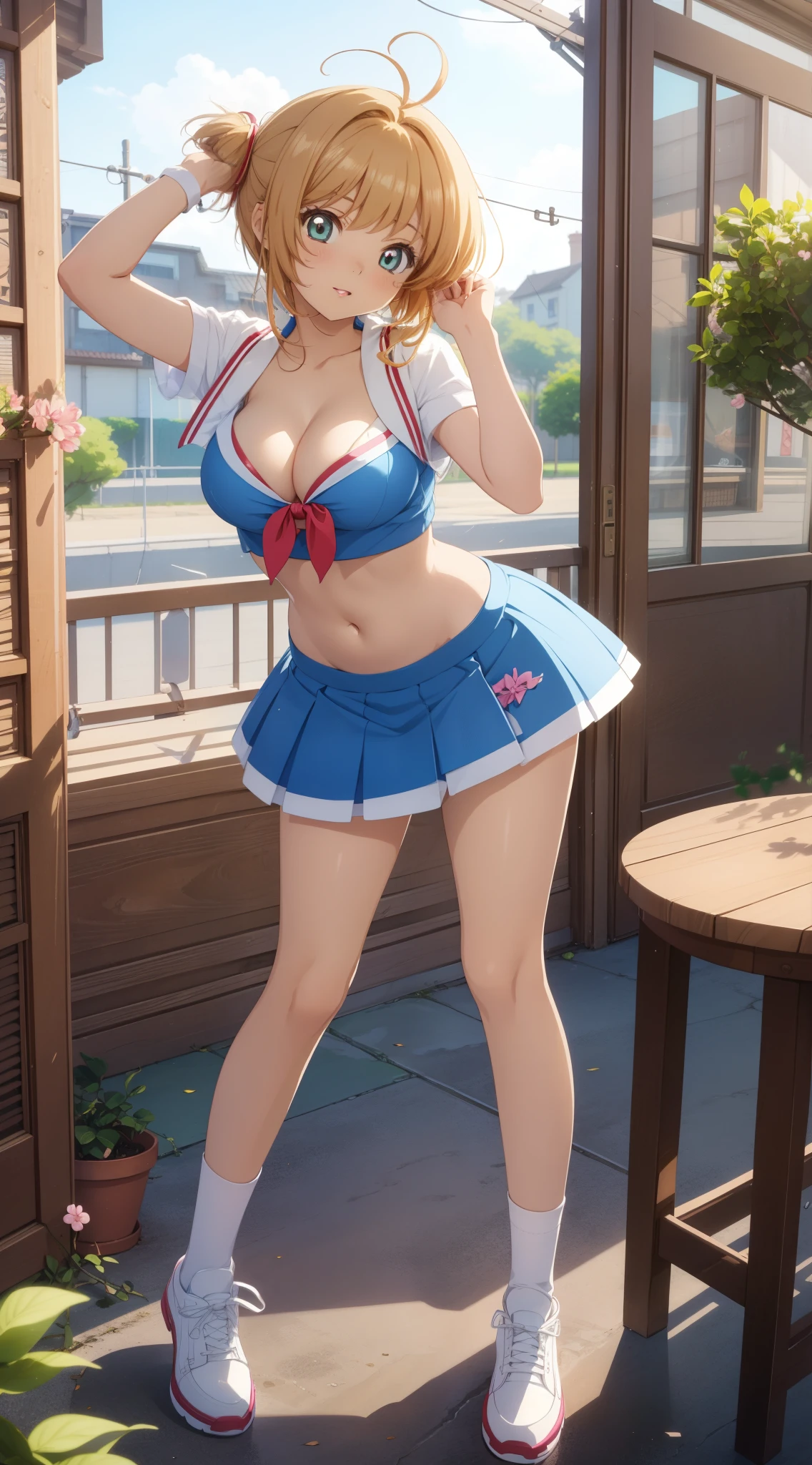 masterpiece, best quality, highres, perfect pixel, depth of field, 1girl, single, solo, beautiful anime girl, beautiful artstyle, detailed face, anime CG style, (medium breasts), good lighting, perfect body, (sakura kinomoto), glossy lips, cleavage, cheerleader, midriff, (ass view), (bent over)